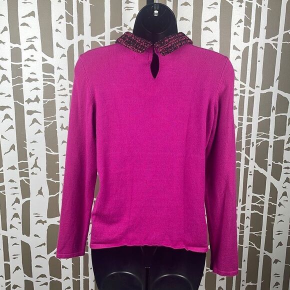 Maison Jules Fuschia Pink Stretch Fitted Sweater w Tweed Sparkly Collar sz M - Picture 4 of 11